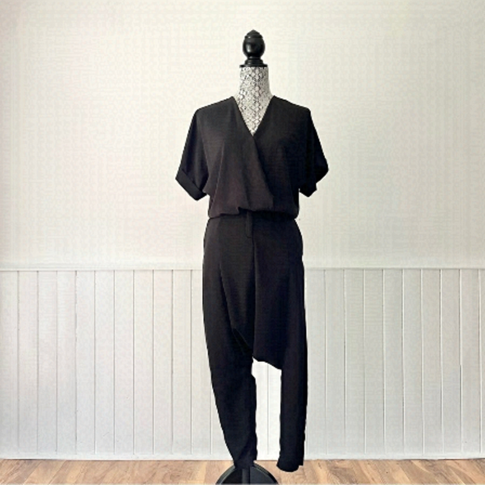 Zara Basic Black Plunge Neck Ankle Zip Harem Jumpsuit Size S